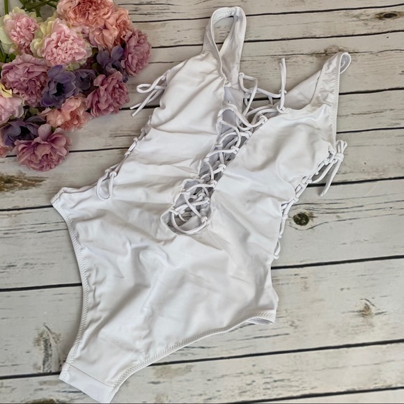 Plunging White Halter Corset Bandage Swimsuit - Picture 12 of 16